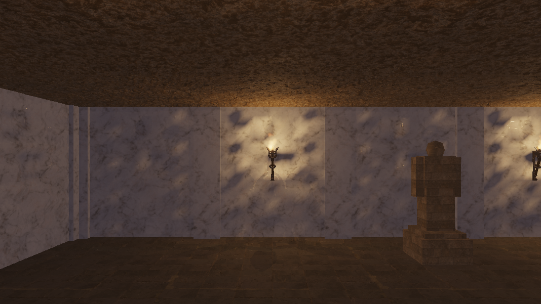 Marble in the apse. Every surface is a scanned PBR set, BC7 block-compressed to a quarter of the VRAM of RGBA8.