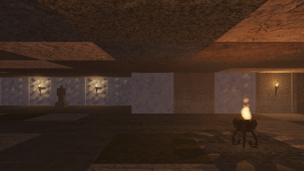 A brazier casts an omnidirectional shadow through a cube distance map; the flame is a particle system with per-cell dust scattering around it.