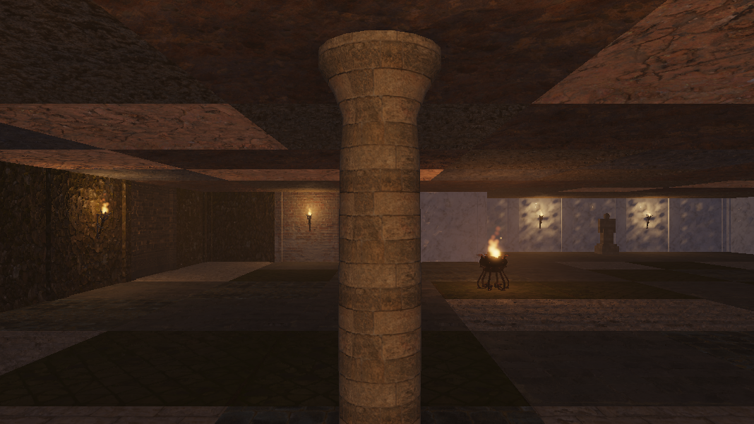 The hall's colonnade. Braziers sit outboard of the columns so the shafts are lit from the side and throw their shadows up the nave.