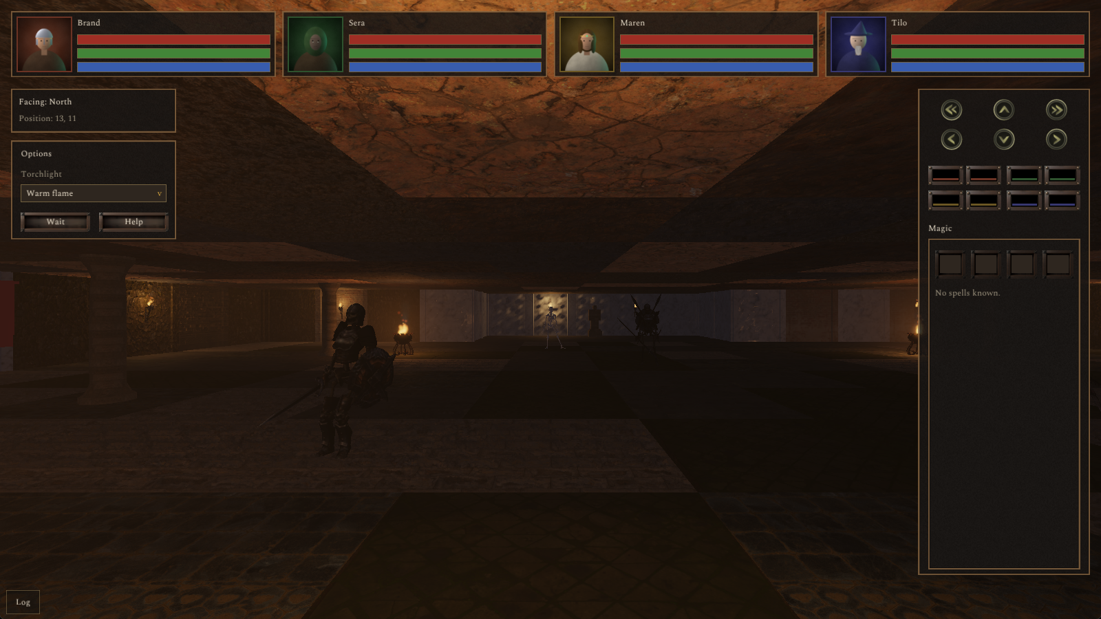 The full frame: four-character party bar, movement pad, spell panel and message log around the 3D viewport.