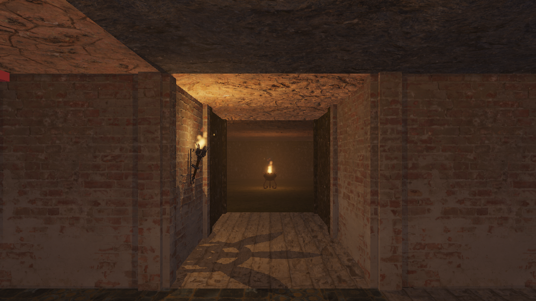A side passage lit by a single wall sconce. Light falls off with distance and the brickwork's relief comes from parallax mapping, not geometry.