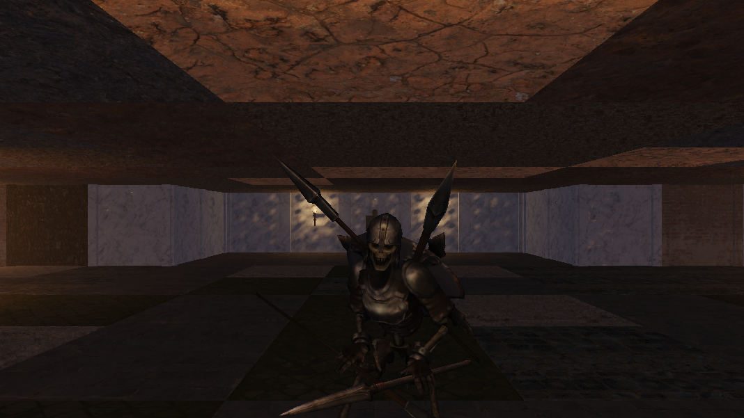 The Skeleton Spearman, silhouetted against the lit apse beyond. Reach-2 weapons let him strike from the second rank.