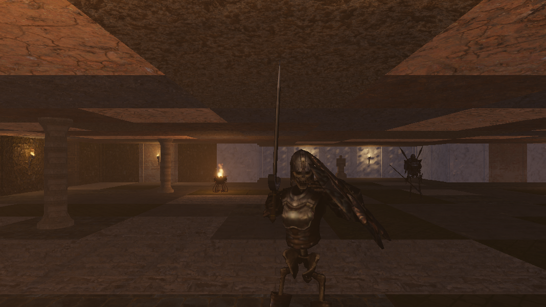 A Skeleton Warrior — a bought, rigged model with its own animation set, lit by the torch the party carries.